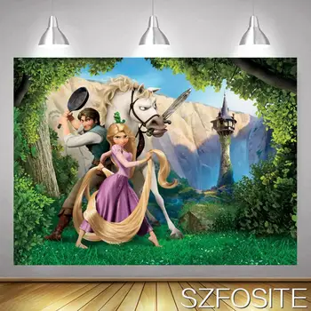 Animacinių Filmų Aukso Rapunzel Balto Žirgo Fone Mergina Gimtadienio Kambarį Apdailos Fotografijos Studija Nuotrauka Vaikai Individualizuotos Fono