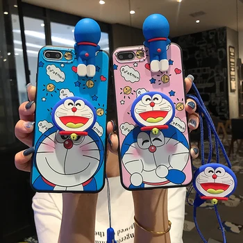 Animacinių filmų Virvelę Laikiklis Telefono dėklas skirtas IPhone 11 Pro XS Max 6 6s 7 8 Plus X XR Atveju Mielas 3D Anime Doraemon Minkštas Silikoninis Dangtelis