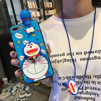 Animacinių filmų Virvelę Laikiklis Telefono dėklas skirtas IPhone 11 Pro XS Max 6 6s 7 8 Plus X XR Atveju Mielas 3D Anime Doraemon Minkštas Silikoninis Dangtelis