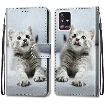 Apversti Odinis Telefono dėklas Samsung Galaxy A02 A02S A12 A32 A42 A52 A72 5G Piniginės Kortelės Turėtojas Stovėti Knygos Viršelio Katė, Šuo, Dažytos
