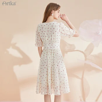 ARTKA 2021 m. Vasarą Naujų Moterų Suknelė prancūzijos Elegantiškas Spausdinti Midi Šifono Suknelės Nėrinių V-Kaklo, Pynimas Sluoksniuotos Rankovėmis Suknelė LA25218X