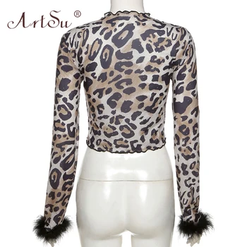 ArtSu Leopardas Spausdinti Seksualus Slim Pynimas Furry Ilgomis Rankovėmis Apkarpyti Viršūnes Moterų Atsitiktinis Mados T Shirts Kratinys Klubas Streetwear