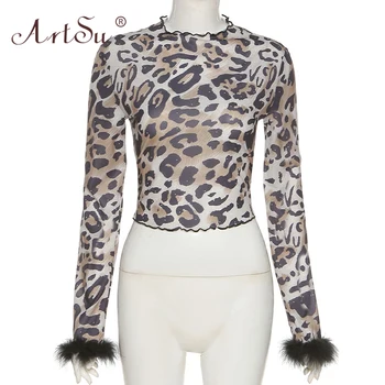 ArtSu Leopardas Spausdinti Seksualus Slim Pynimas Furry Ilgomis Rankovėmis Apkarpyti Viršūnes Moterų Atsitiktinis Mados T Shirts Kratinys Klubas Streetwear