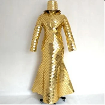 Aukso veidrodyje veidas suknelė tiktų vyrų, moterų kostiumas atspindinti juosta rodo, GOGO etape, veidrodis, drabužių būsimų Kosminių vestuvių kostiumas
