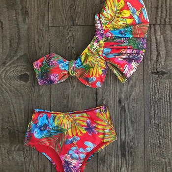 Aukštos Juosmens Seksualus Bikini Komplektas 2021 Naują Spausdinimo Gėlių maudymosi Kostiumėliai Moterims Bandeau maudymosi kostiumėlį, Pynimas Paplūdimio Push Up Maudymosi Kostiumą biquini