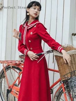 Aukštos Kokybės 2019 M. Rudenį Naujų Atvykimo Karinio Jūrų Laivyno Stiliaus Dvigubo Mygtukai Ilgomis Rankovėmis Moteris Ilgą Šifono Suknelę, Raudona