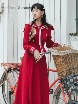 Aukštos Kokybės 2019 M. Rudenį Naujų Atvykimo Karinio Jūrų Laivyno Stiliaus Dvigubo Mygtukai Ilgomis Rankovėmis Moteris Ilgą Šifono Suknelę, Raudona