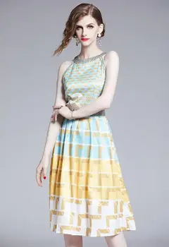 Aukštos Kokybės 2019 M. Vasarą Naujas Mados Rankovių Geometrijos Spausdinti Kelio ilgio Suknelė Moterims Slim Apynasrio Bohemijos Atostogų Suknelės