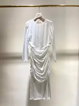 Aukštos Kokybės Kilimo Ir Tūpimo Tako 2021 M. Vasarą Naujas Šilko Šalis, Plisuotos Suknelė Moterims Dizaino Ilga Balta / Rožinė Suknelė Elegantiškas Suknelė