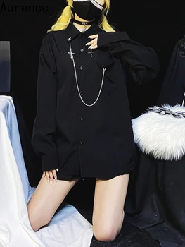 Aurance Moterų Streetwear Harajuku Japonijos Gothic Black Prarasti Grandines Marškinėliai Ilgomis Rankovėmis Derliaus Plius Dydis Mados Drabužių 2021