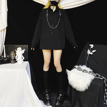 Aurance Moterų Streetwear Harajuku Japonijos Gothic Black Prarasti Grandines Marškinėliai Ilgomis Rankovėmis Derliaus Plius Dydis Mados Drabužių 2021