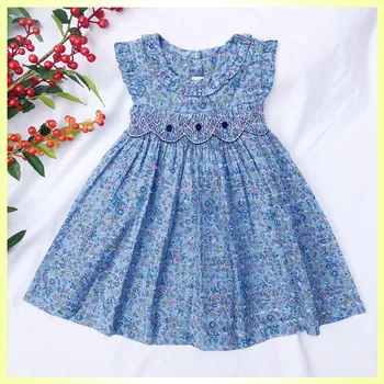 Baby girl vasaros derliaus gėlių smocked princesė dress vaikams laisvalaikio siuvinėtos medvilnės ispanijos vest suknelė