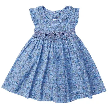 Baby girl vasaros derliaus gėlių smocked princesė dress vaikams laisvalaikio siuvinėtos medvilnės ispanijos vest suknelė