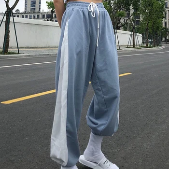 Balta Mėlyna Priešingai Nei Prarasti Bėgiojimo Kelnės Moterims Aukšto Juosmens Raišteliu Kelnės Laisvalaikio Kelnės Moteriška Korėjos Streetwear Kelnės