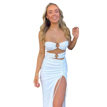 Baltos Spalvos Elegantiškas Off Peties Iškirpti Seksualus Midi Suknelė Atostogų Paplūdimyje Vasarą 2021 Aukšto Juosmens Padalinta Suknelės Stebėjimo Vestidoes