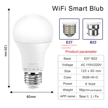 Beelite Wifi Smart LED Lemputės 110V, 220V 9W E27 B22 Bazės Pritemdomi Stebuklinga Lempa Palaiko Alexa, Google Assisitant Balso Kontrolė