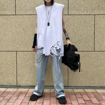 Berankoviai marškinėliai Vyrų korėjos Versija Ins Harajuku Stilius Gatvės Hip-Hop Skylę Suplėšyti Porų Vest Vyrų ir Moterų Tendencijos