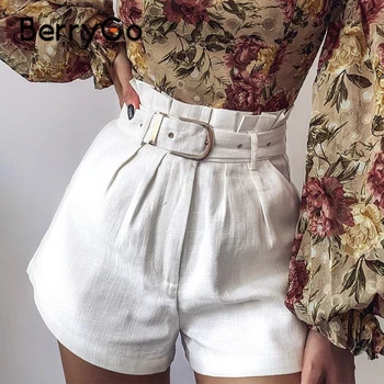 BerryGo Baltos medvilnės aukšto juosmens moterų šortai Vasarą susiėmę diržas moterų trumpais intarpais Mados trumpas kelnes streetwear Šortai 2021