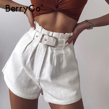 BerryGo Baltos medvilnės aukšto juosmens moterų šortai Vasarą susiėmę diržas moterų trumpais intarpais Mados trumpas kelnes streetwear Šortai 2021