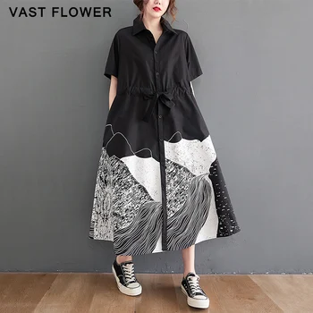 Black Print Modelio Marškinėliai Suknelė Moterims Korėjos Mados Varčios Trumpas Rankovės Atsitiktinis Palaidų Derliaus Vasaros Suknelė Elegantiškas Drabužius 2021