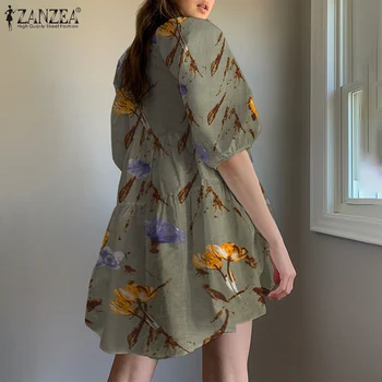 Bohemijos Gėlių Spausdinti Mini Suknelė ZANZEA Vasarą Moterys Sundress Derliaus Trumpas Rankovės Prarasti-line Vestidos Suknelės