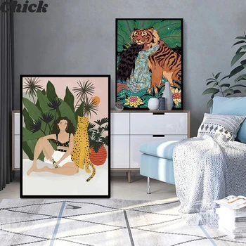 Boho Stiliaus Mergina Tigras Plakatas Gyvūnų Paveikslai Tapyba Ant Sienos Cheetah Šiaurės Šalių Meno Spausdinti Morden Nuotraukos Kambarį Dekoro