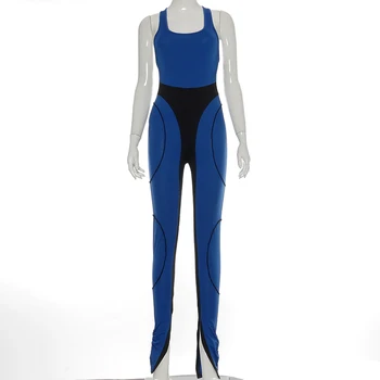 Bomblook 2021 Kvadratinių Kaklo Panelled Backless Shirring Ruožas Slim Jumpsuits Vasarą Moterys Patogus Atsitiktinis Sportwears