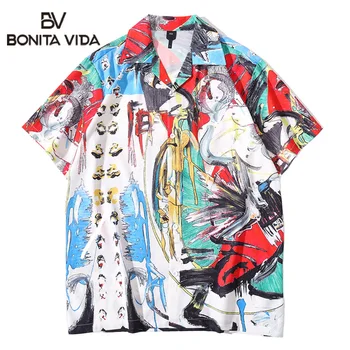 Bonita Vida Grafiti Spausdinti Havajų Vintage Marškinėliai Vyrams Vasaros Hip-Hop Atsitiktinis Trumpomis Rankovėmis Beach Marškinėliai Mados Viršūnes Streetwear