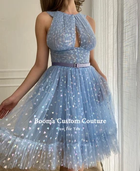 Booma Pasakų Blue Mini Prom Dresses Skylutę Kaklo Klostes Spausdinti Širdis Tiulio Prom Chalatai su Kišenėmis Trumpas Vestuvių Suknelės, Šaliai