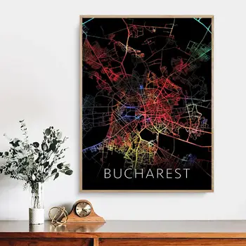 Bukarešte (Rumunija Akvarelės Juoda Miesto Žemėlapį Drobė Sienos Menas Spausdinti Modernus Plakatas Sienos Nuotraukas Kambarį Dekoro