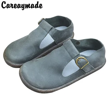 Careaymade-Naujus natūralios odos Rankų darbo karvės odos vieno batai Retro T-formos bateliai big toe batai moterų avalynė plokščiu dugnu