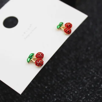 Carvejewl Korėja dizaino red cherry stud auskarai žalias lapas emalio bling kalnų krištolas mielas auskarai moterims mergina papuošalai karšto pardavimo