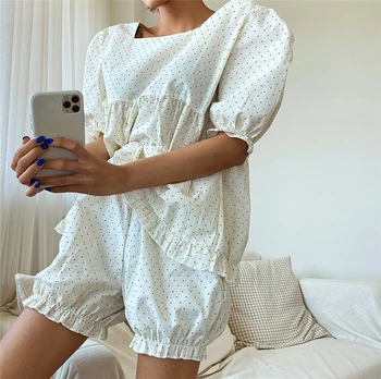 CBAFU polka dot pižama nustatyti moterys vasarą 2 dalių komplektas namų drabužių sluoksniuotos rankovėmis viršų ruffles šortai sleepwear kostiumas korėja stiliaus M755