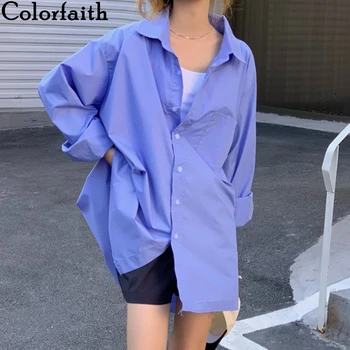 Colorfaith Naujas 2021 Moterys Vasarą, Palaidinės, Marškinėliai Derliaus BF Stiliaus Negabaritinių Office Lady Kišenės Mados Wild Blue Tops BL683