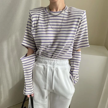Colorfaith Naujas 2021 Moterų Pavasario Vasaros Marškinėliai Dryžuotas Išpjovą Vintage Mados Minimalistinio Korėjos Stiliaus Laukinių Lady Viršūnes T3279