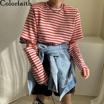 Colorfaith Naujas 2021 Moterų Pavasario Vasaros Marškinėliai Dryžuotas Išpjovą Vintage Mados Minimalistinio Korėjos Stiliaus Laukinių Lady Viršūnes T3279
