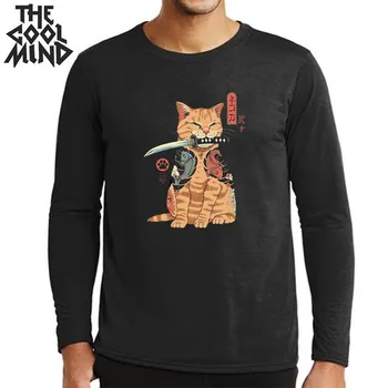COOLMIND medvilnės ilgomis rankovėmis streetwear japonijos katė spausdinti vyrų marškinėliai atsitiktinis o-kaklo vyrų marškinėlius prarasti t-shirt vyrai tee marškinėliai