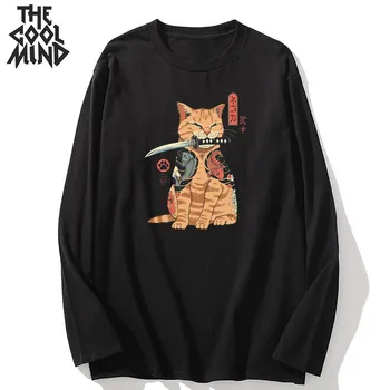 COOLMIND medvilnės ilgomis rankovėmis streetwear japonijos katė spausdinti vyrų marškinėliai atsitiktinis o-kaklo vyrų marškinėlius prarasti t-shirt vyrai tee marškinėliai