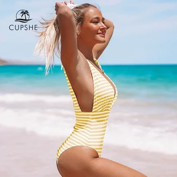 CUPSHE Geltona Juostele Giliai V-kaklo, vientisas maudymosi kostiumėlis Moterims Seksualus Backless Lankas-mazgas Monokini 2021 Merginų Paplūdimio Maudymosi Kostiumą, maudymosi Kostiumėliai,