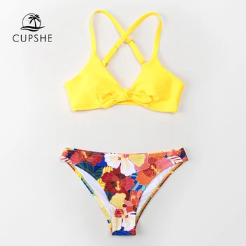 CUPSHE Lankas Gėlių Mažas Juosmens Bikini Rinkiniai maudymosi kostiumėlis Moterims Seksuali Geltona Bakas Dviejų dalių maudymosi Kostiumėliai, 2021 M. Vasaros Paplūdimio Maudymosi Kostiumai
