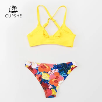 CUPSHE Lankas Gėlių Mažas Juosmens Bikini Rinkiniai maudymosi kostiumėlis Moterims Seksuali Geltona Bakas Dviejų dalių maudymosi Kostiumėliai, 2021 M. Vasaros Paplūdimio Maudymosi Kostiumai