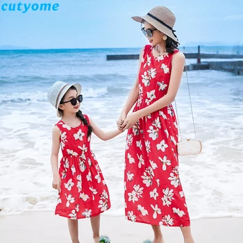 Cutyome Mama ir Dukra Maxi Paplūdimio Suknelės Mamytė ir Man Drabužius Vasaros Atostogų Gėlių Vest Suknelė Šeimos Atitikimo Komplektus Mėlyna