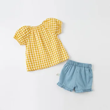 DBZ17877 dave bella vasaros kūdikių mergaičių mielas gėlių pledas drabužių rinkiniai vaikams mados trumpas rankovės komplektai vaikams 2 vnt kostiumas