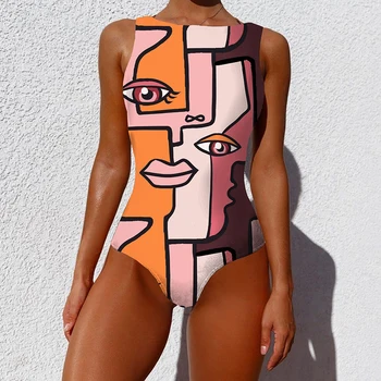 Derliaus Abstrakčiai Veido Spausdinti Vientisi Maudymosi Kostiumėlį Moterų Bikini 2021 Naujas Push Up Maudymosi Kostiumėliai Moterims, Maudymosi Kostiumai Bodysuit Paplūdimio Drabužiai