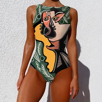 Derliaus Abstrakčiai Veido Spausdinti Vientisi Maudymosi Kostiumėlį Moterų Bikini 2021 Naujas Push Up Maudymosi Kostiumėliai Moterims, Maudymosi Kostiumai Bodysuit Paplūdimio Drabužiai