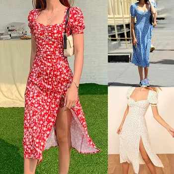 Derliaus Elegantiškas Šalis Suknelės Moterims Vasaros Sluoksniuotos Rankovėmis Gėlių Spausdinti Aikštėje Apykaklės Pusėje Padalinta Seksualus Midi Suknelė Vestido 2021 Naujas