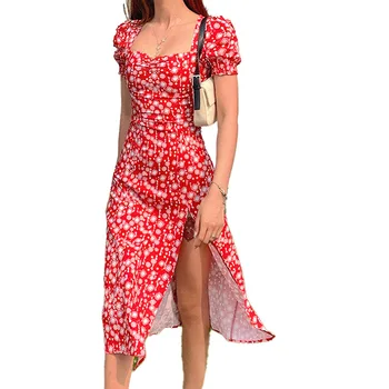 Derliaus Elegantiškas Šalis Suknelės Moterims Vasaros Sluoksniuotos Rankovėmis Gėlių Spausdinti Aikštėje Apykaklės Pusėje Padalinta Seksualus Midi Suknelė Vestido 2021 Naujas