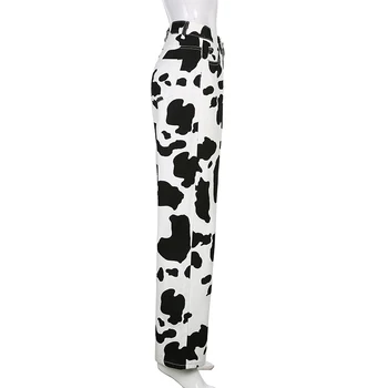 Derliaus Karvė Spausdinti Y2K Baggy Jeans Moterų Harajuku Prarasti Aukšto Juosmens Krovinių Kelnės Streetwear korėjos Retro Kelnės 2021 Cuteandpsycho