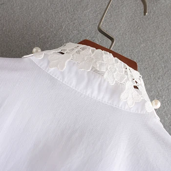 Derliaus mielas balta perlų apdaila trumpas viršūnes moterims palaidinės 2020 mados atvartas apykaklės trumpas rankovės ponios marškinėliai atsitiktinis blusas