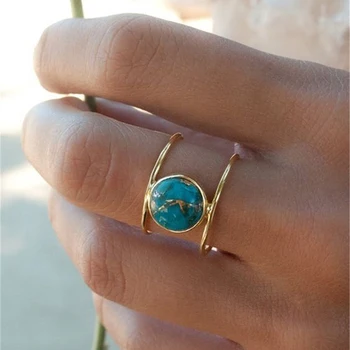 Derliaus Senovinių Akmens Žiedas, Papuošalų Mados Dvigubo Sluoksnio Žalia Akmuo Piršto Žiedą, Moterims Vestuvės Žiedai